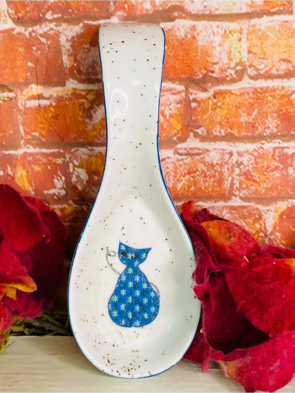 Vintage Otagiri White Ceramic Spoon Rest with Blue Floral Cat Accent